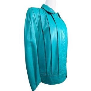 Medici Teal Pleated Genuine Leather Jacket Women's 12 Vintage NZ Made 80s